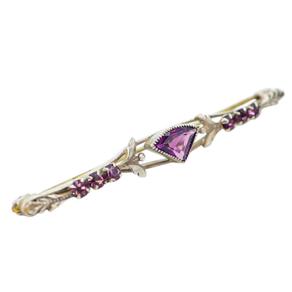 Antique Purple Glass Bar Brooch Fan Cut Leaf Motif Late Victorian Edwardian