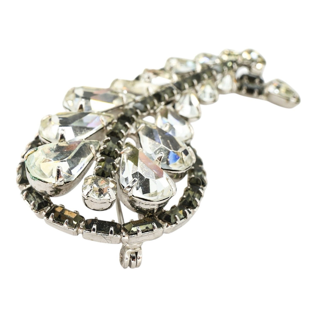Large Vintage Mid Century Gray Smoky Clear Rhinestone Brooch Leaf Shape 2.25”