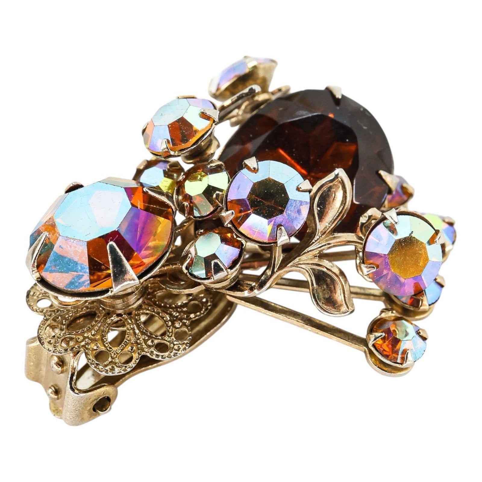 Large Vintage Mid Century Rhinestone Clip On Earrings Faux Topaz AB Filigree