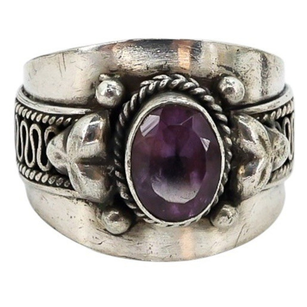 Sterling Silver Wide Band Ring W Bezel Set Amethyst Ornate Scroll Design Size 7