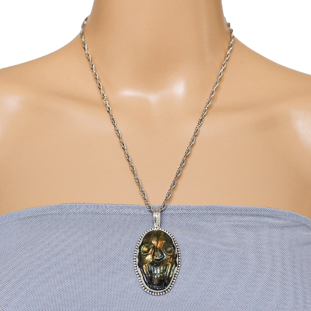 Large Artisan Carved Labradorite Scull Pendant Necklace In Sterling Silver