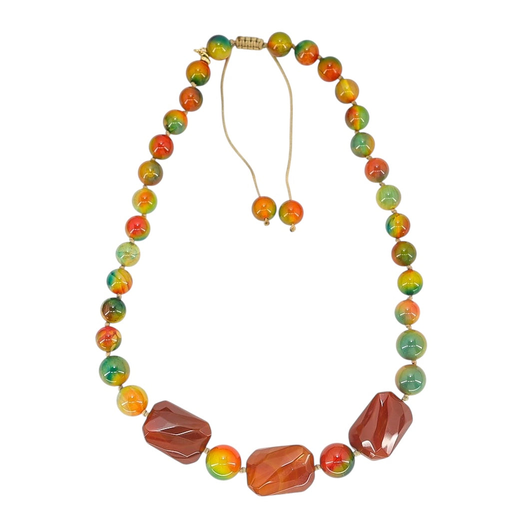 Bold Statement Multicolor Vintage Rainbow Agate Bead Necklace Adjustable Length
