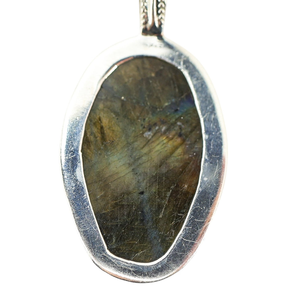 Large Artisan Carved Labradorite Scull Pendant Necklace In Sterling Silver