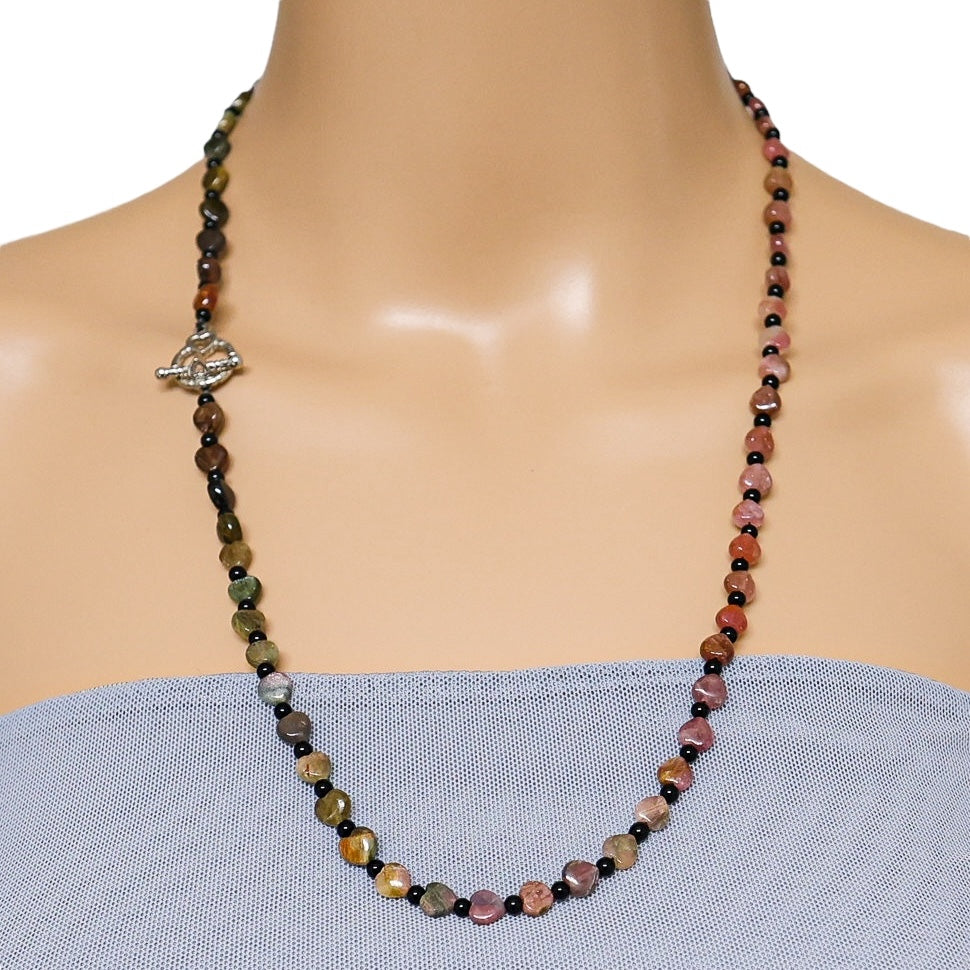 Pink & Green Genuine Tourmaline Heart Bead Necklace 24” October Birthstone
