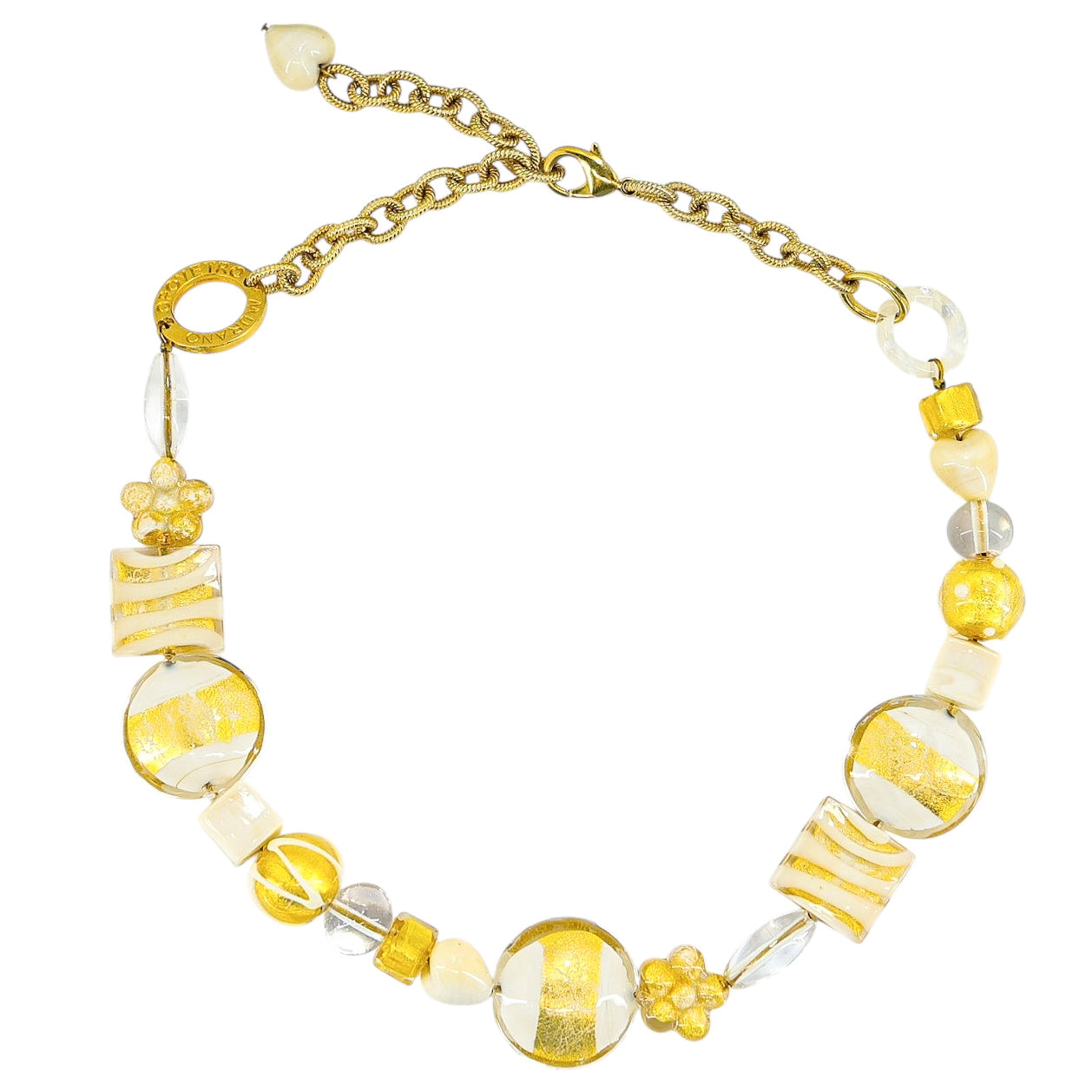 OroVetro - Signed Murano Necklace & Bracelet Set - Cream And Gold Foil Beads