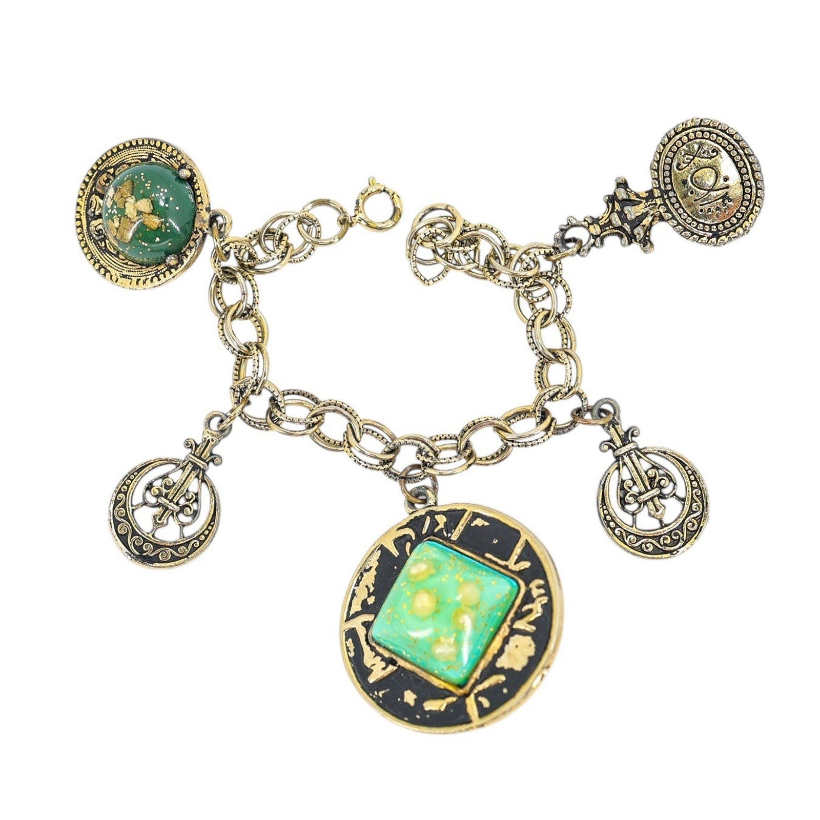 Bold Vintage Charm Bracelet Large Confetti-Style Lucite Resin Green Cabochons