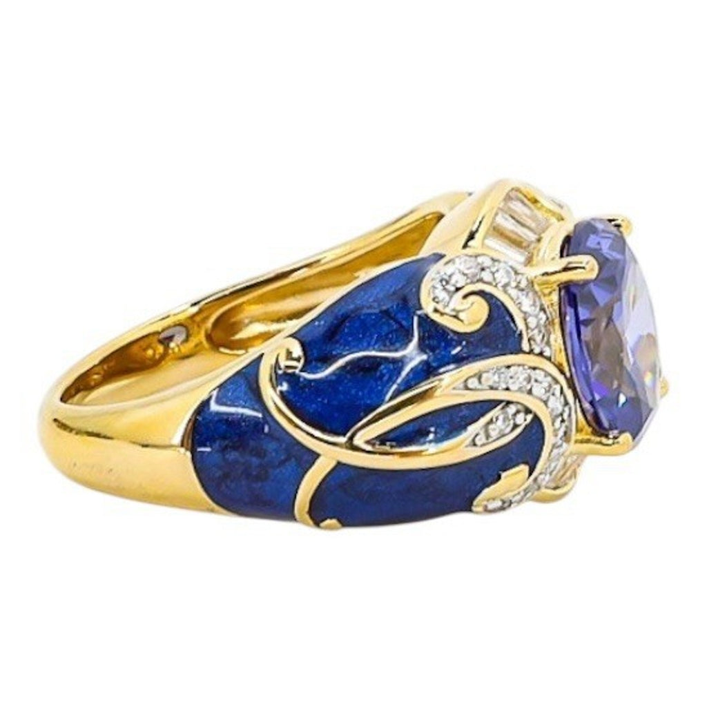 925 Blue Enamel & CZ Crystal Gold Vermeil Sterling Ring Palazzo Style