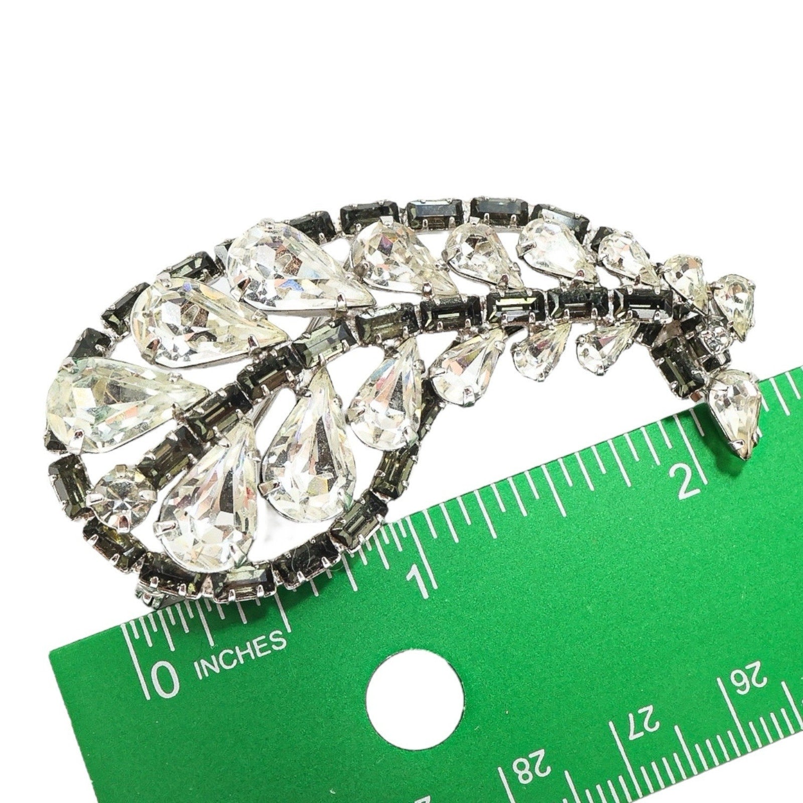 Large Vintage Mid Century Gray Smoky Clear Rhinestone Brooch Leaf Shape 2.25”