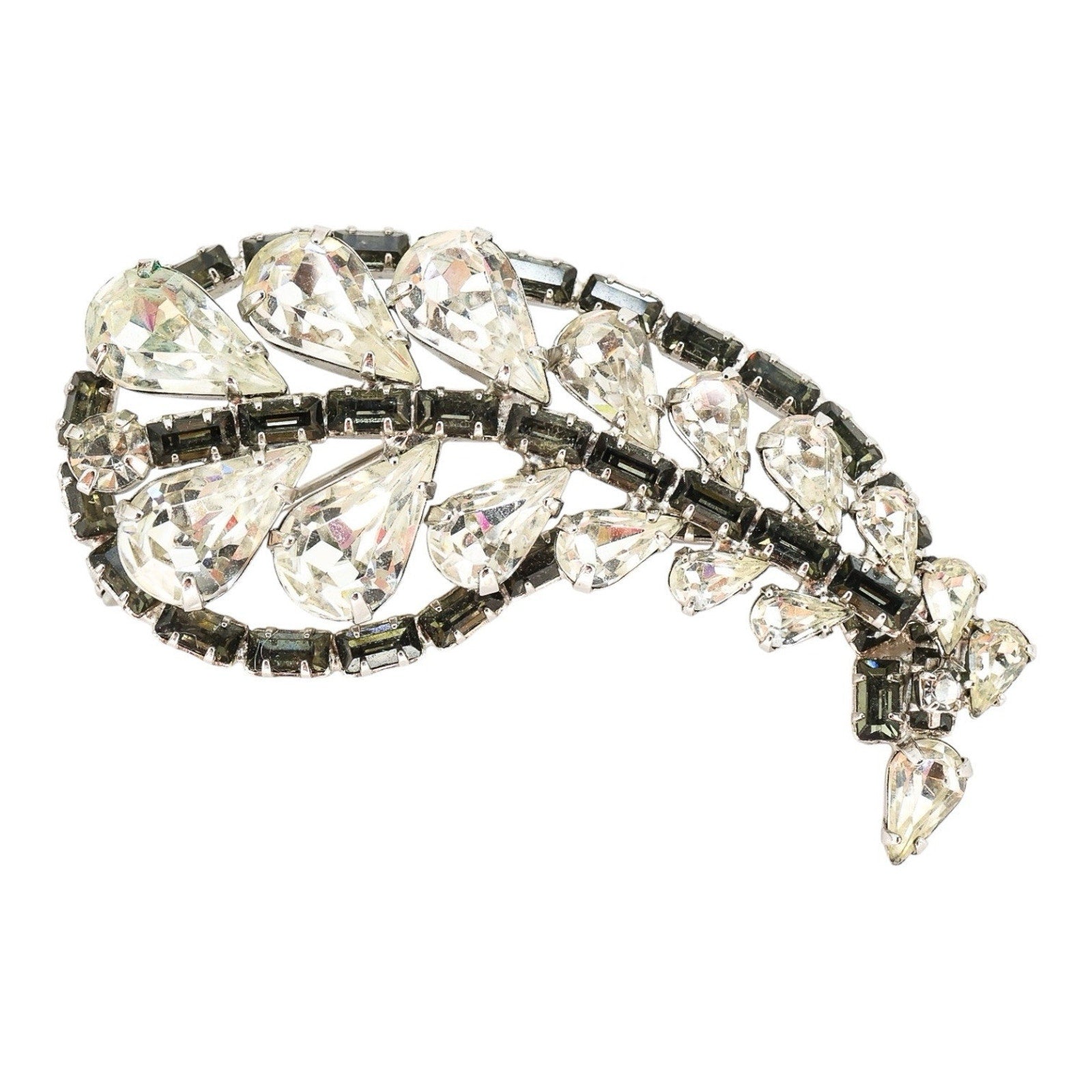 Large Vintage Mid Century Gray Smoky Clear Rhinestone Brooch Leaf Shape 2.25”