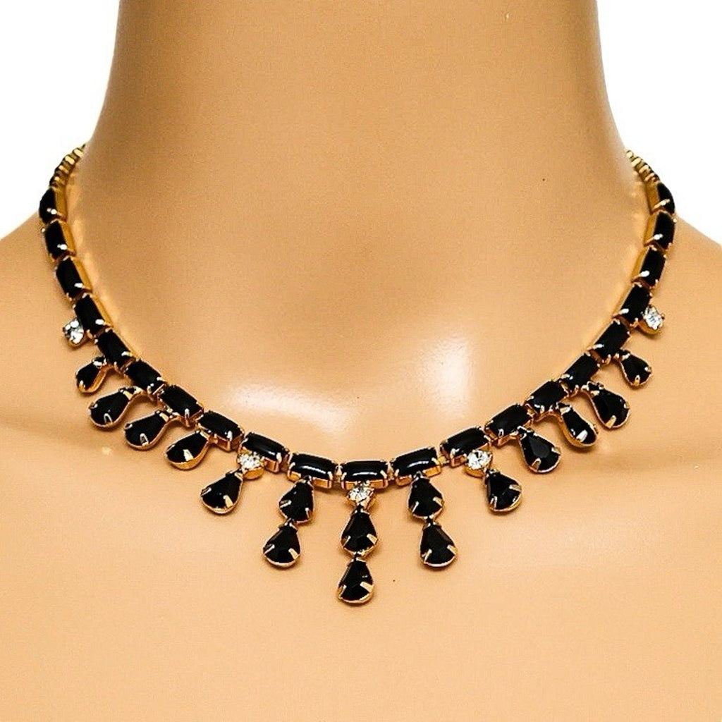 Vintage Mid Century Glam Black Glass Rhinestone Necklace & Clip-On Earrings Set