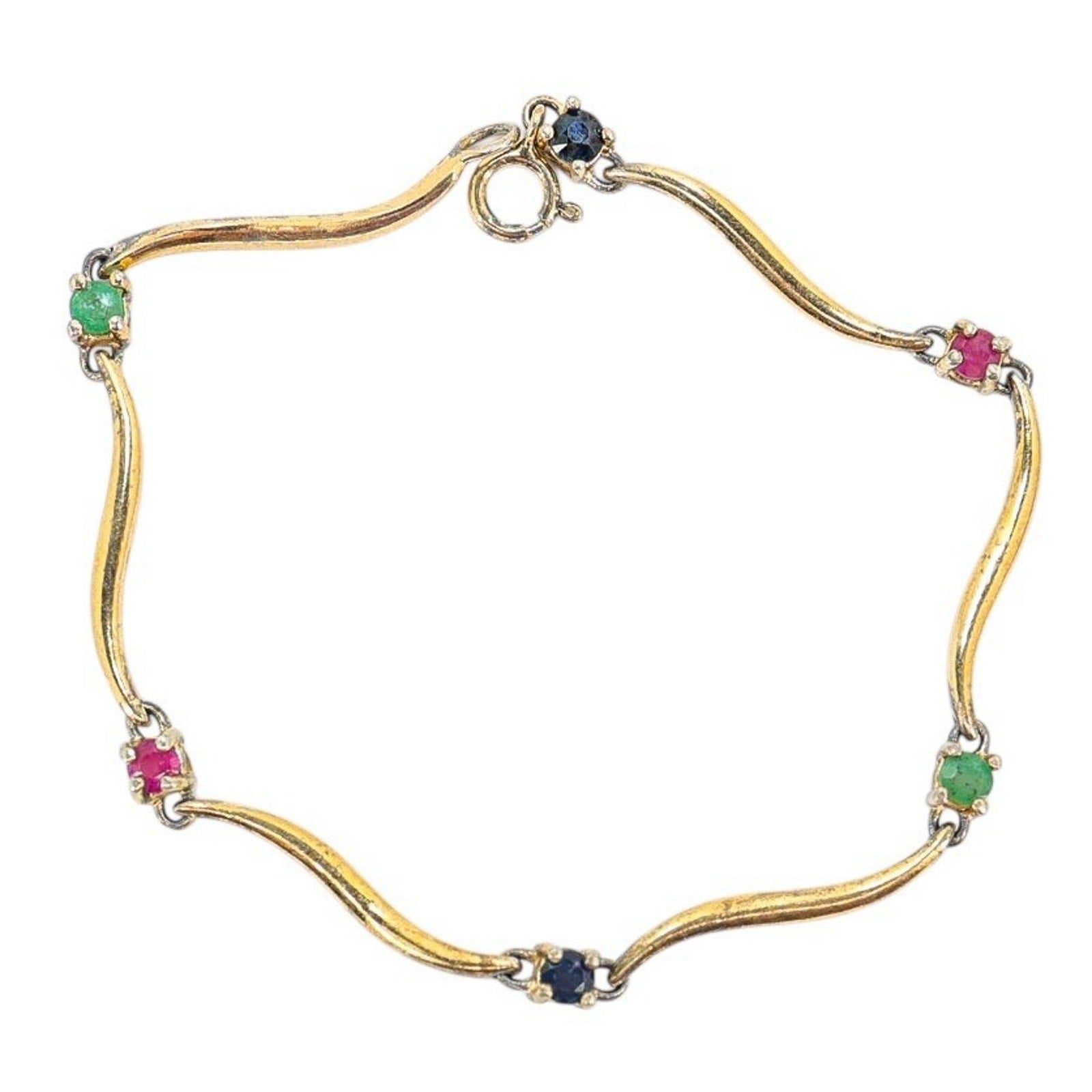 Vintage Vermeil Sterling Silver Bracelet Wavy Link W Simulated Gems 7”