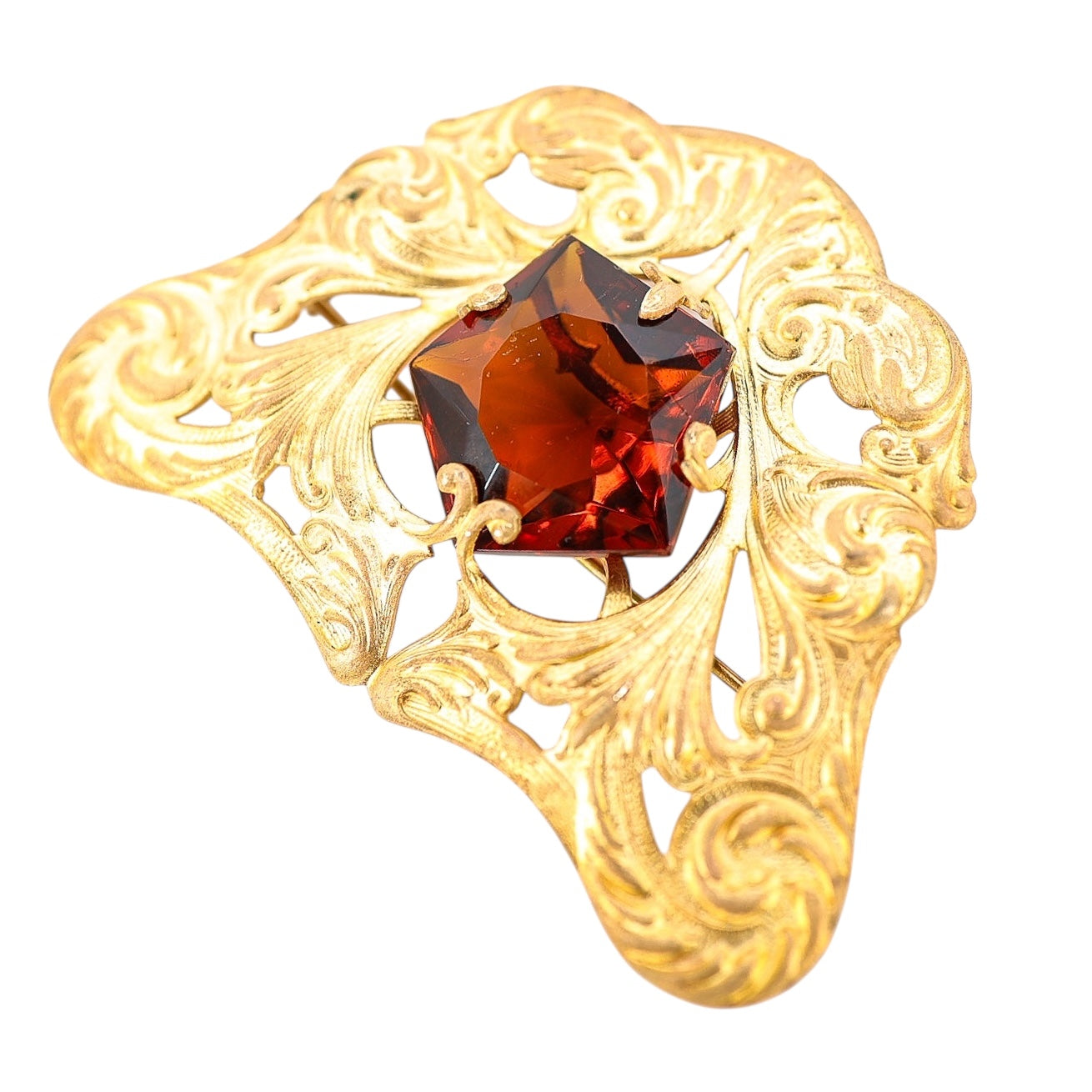Antique Art Nouveau Gold Wash Brooch with Large Amber Glass Stone