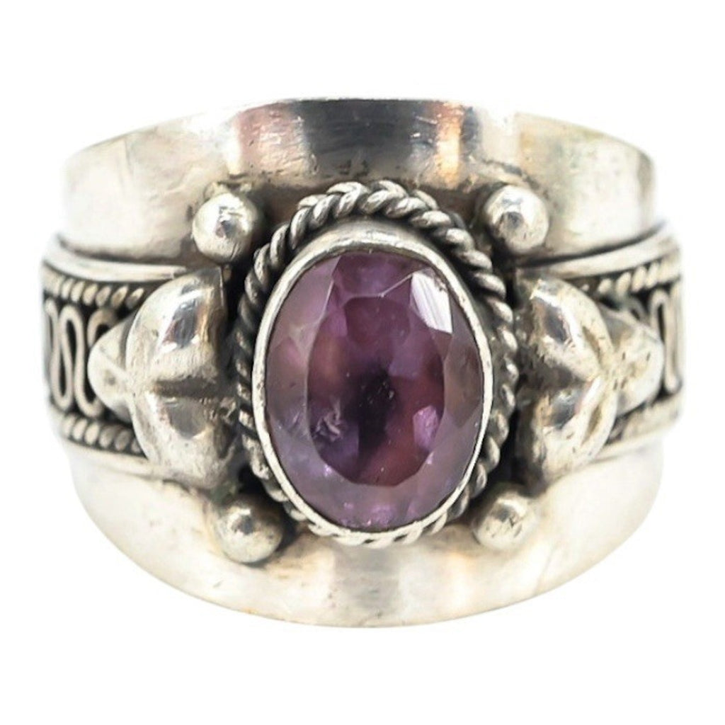 Sterling Silver Wide Band Ring W Bezel Set Amethyst Ornate Scroll Design Size 7