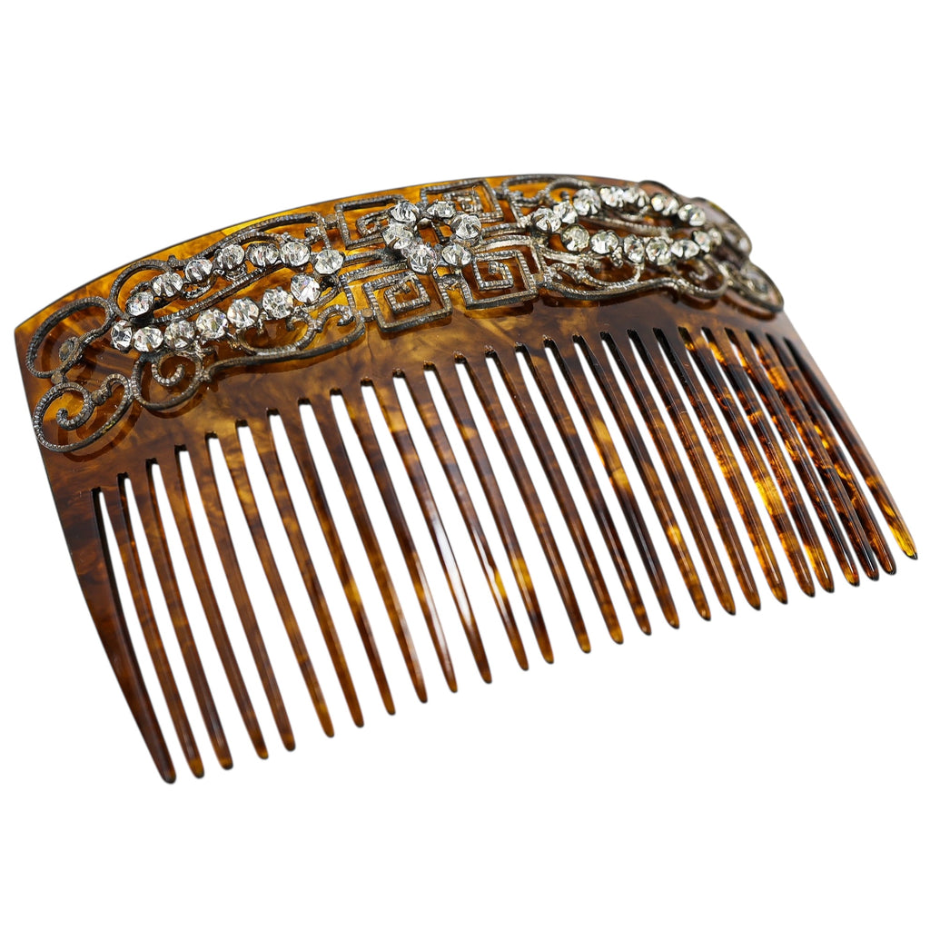 Vintage Art Deco Faux Tortoise Acetate Hair Comb Applied Filigree & Rhinestones