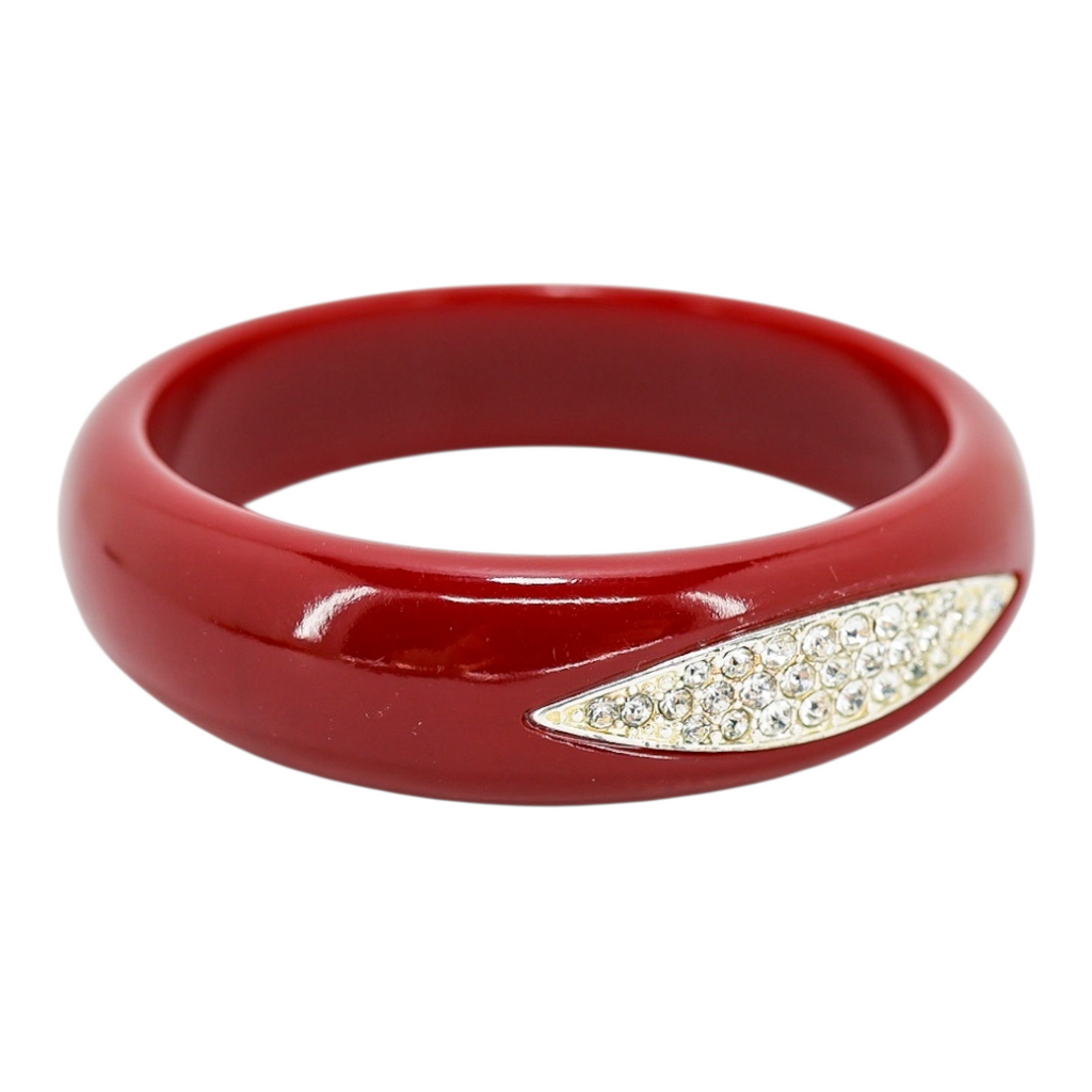 Vintage-Style Deep Red Resin Bangle with Sparkling Crystal Inlay