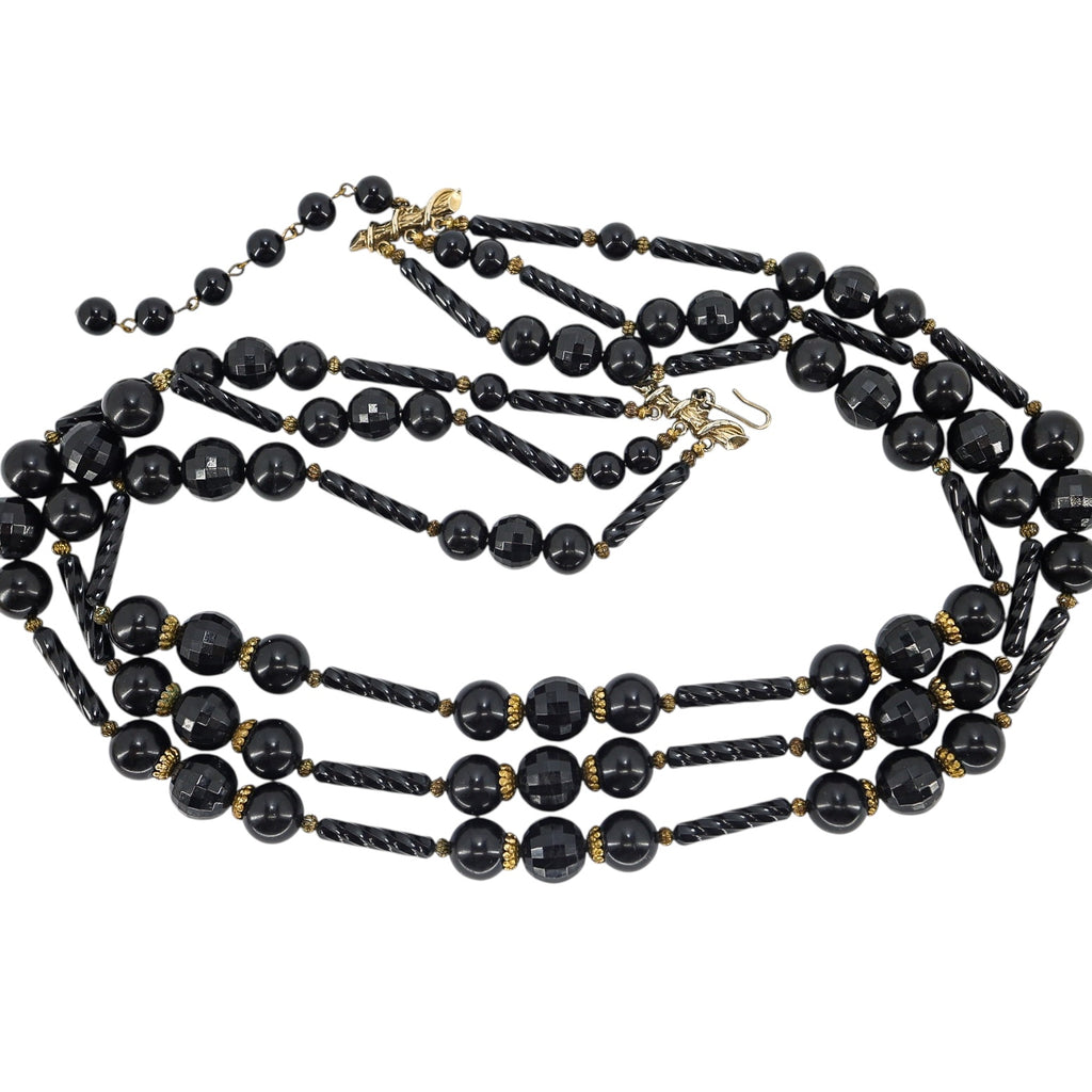 Vintage MCM Cellulose Acetate Ornate Black Beaded 3 Strand Necklace