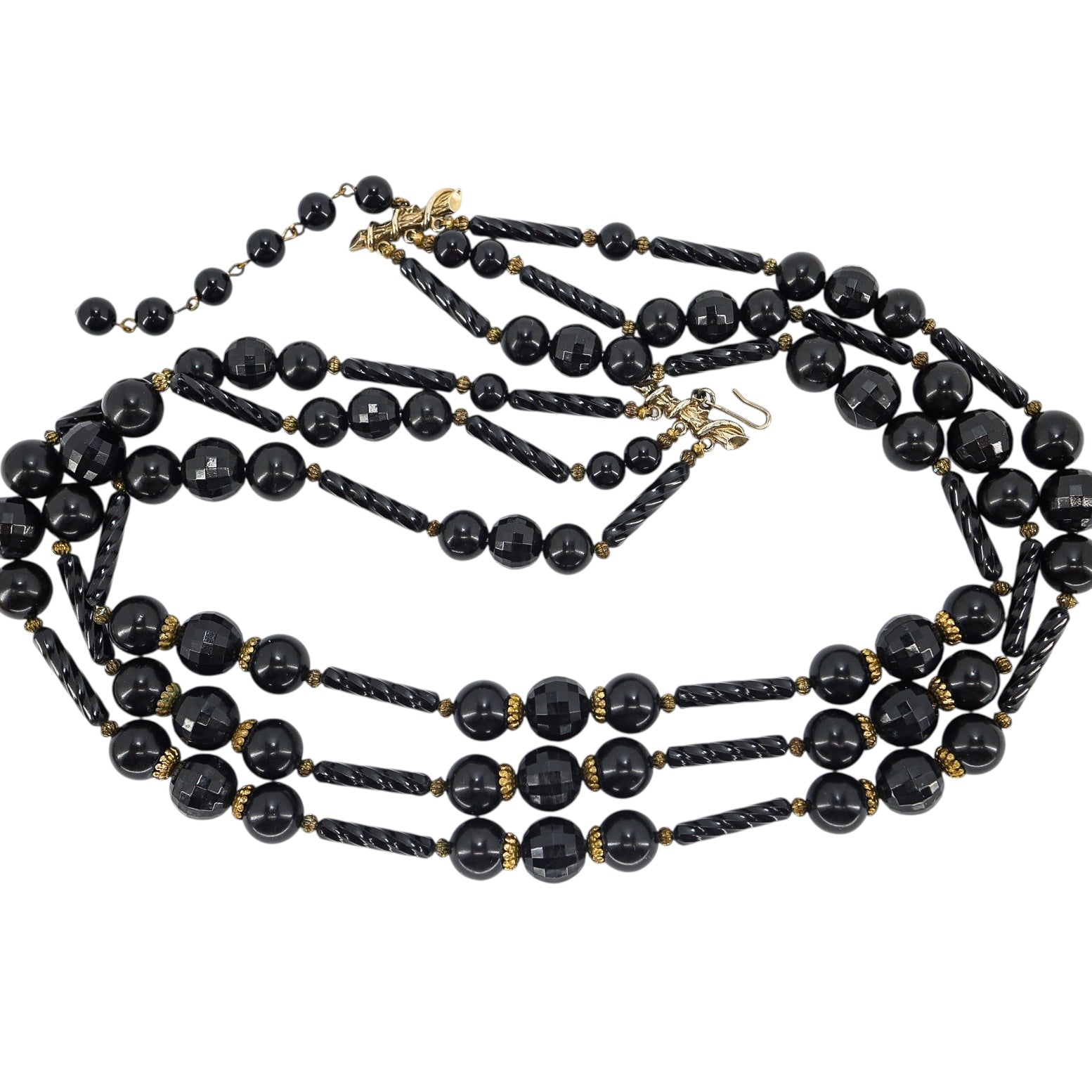 Vintage MCM Cellulose Acetate Ornate Black Beaded 3 Strand Necklace