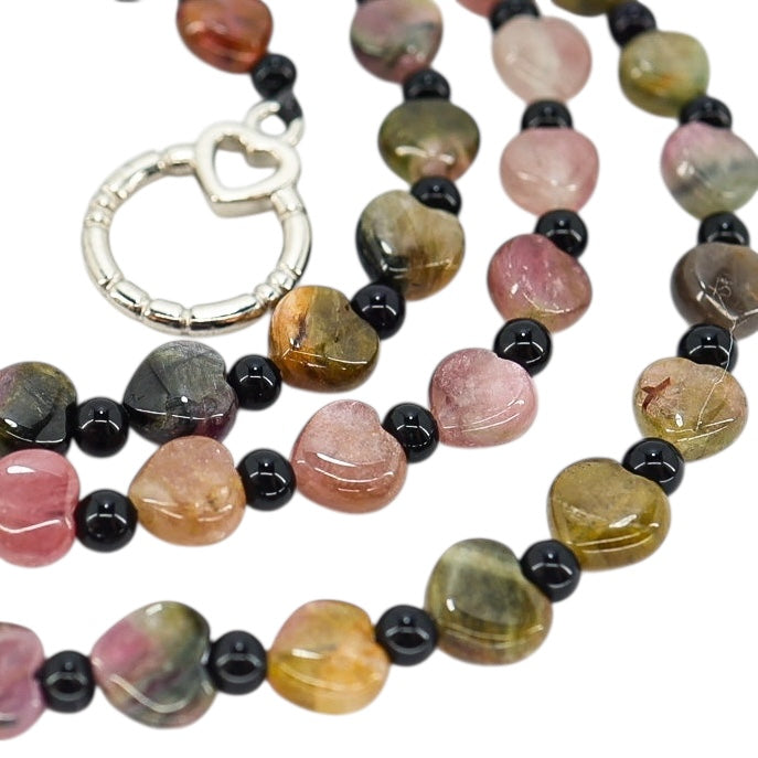 Pink & Green Genuine Tourmaline Heart Bead Necklace 24” October Birthstone