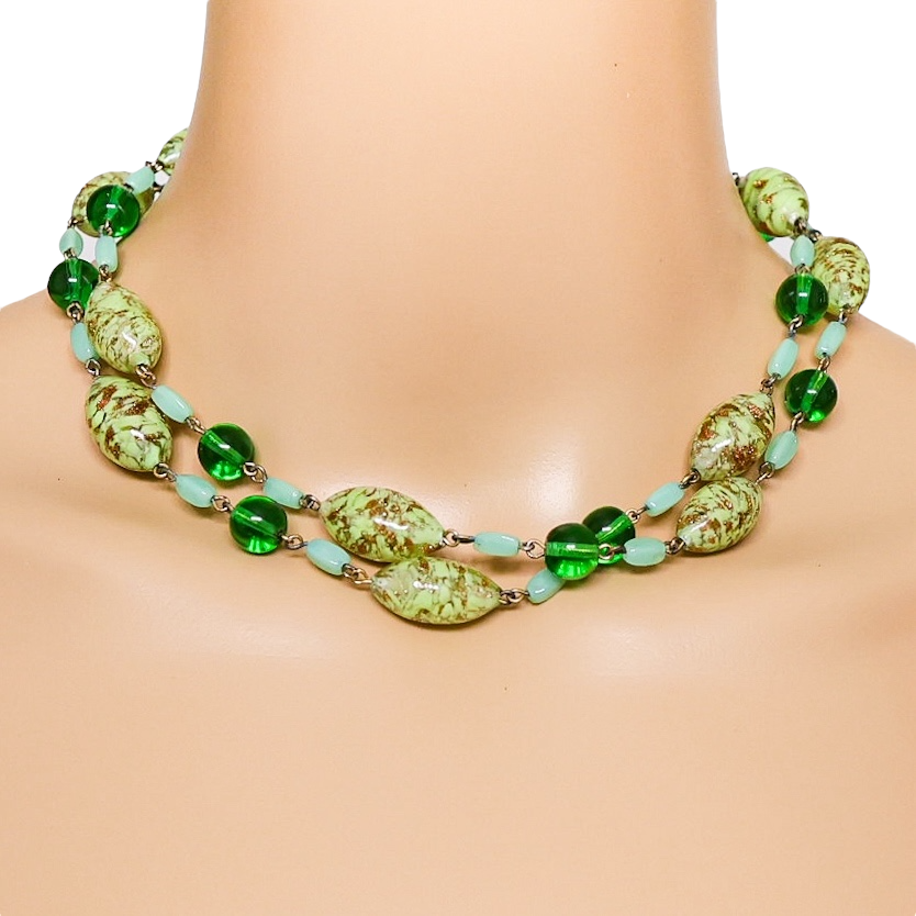 Vintage Murano Green Art Glass Necklace Aventurine Copper Flecks