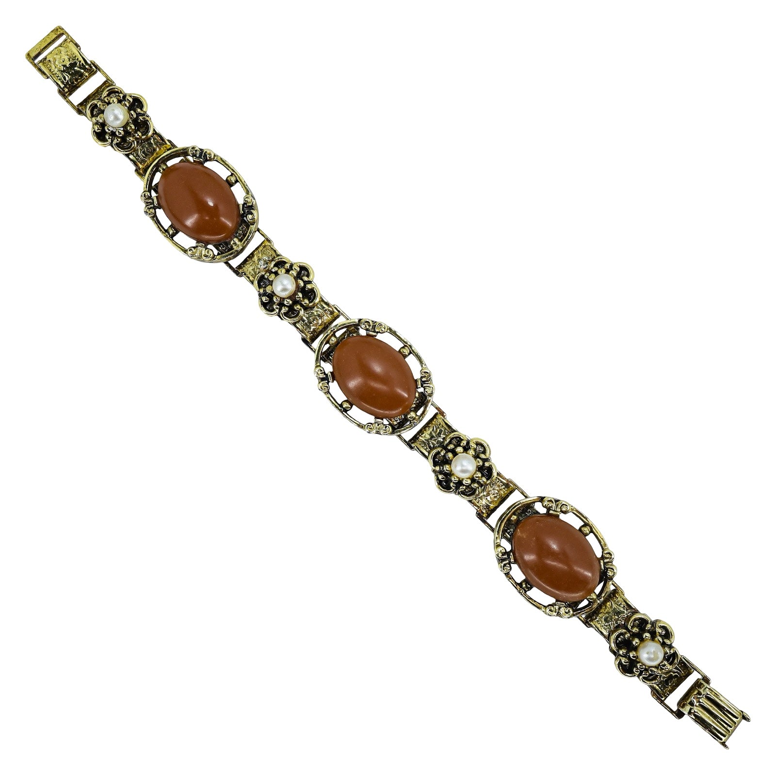 Mid Century Victorian Revival Faux Carnelian & Faux Pearl Panel Bracelet