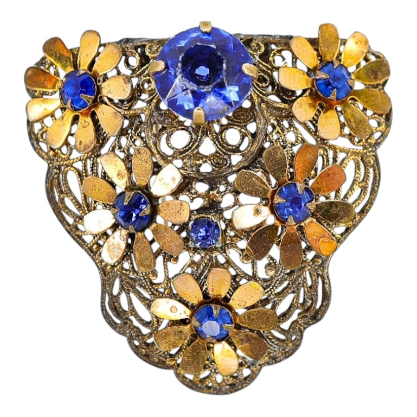Vintage 1930s Blue Rhinestone Filigree Brass Flora Fur Clip / Dress Clip