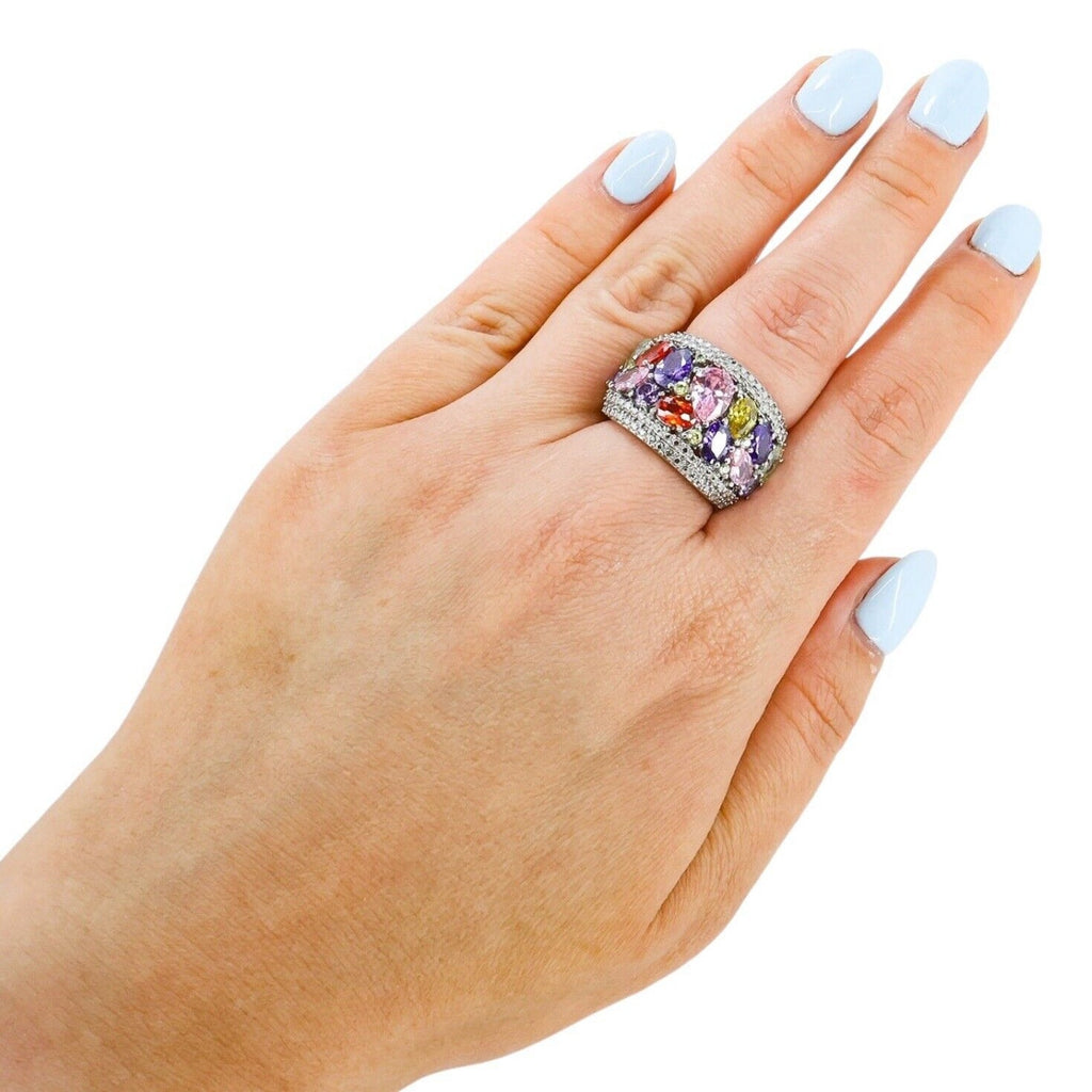 Large Statement Cocktail Ring Stainless Steel Multicolor Clustered Crystals Sz 8