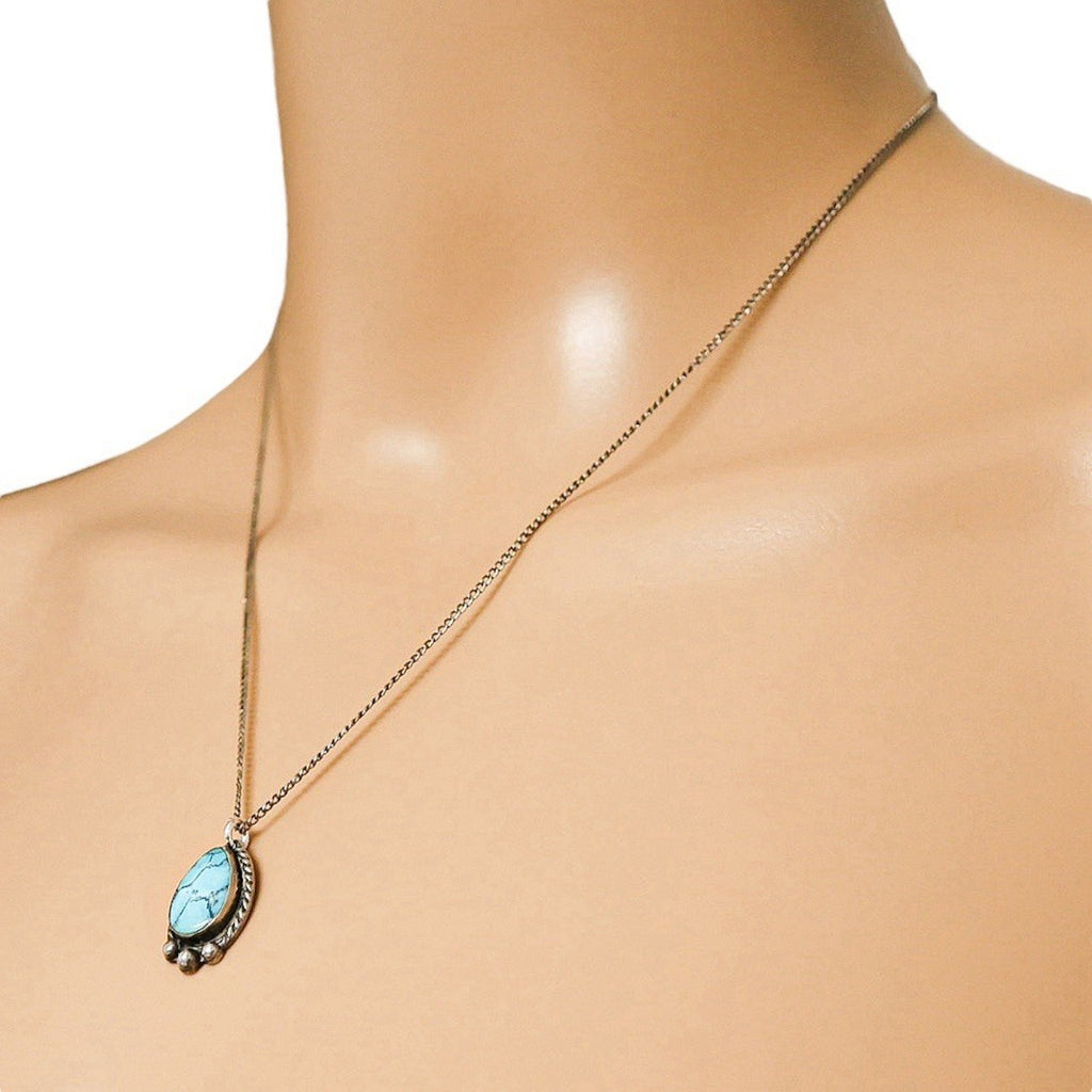 Vintage Sterling Silver Turquoise Pendant Chain Necklace Southwestern Style 18”