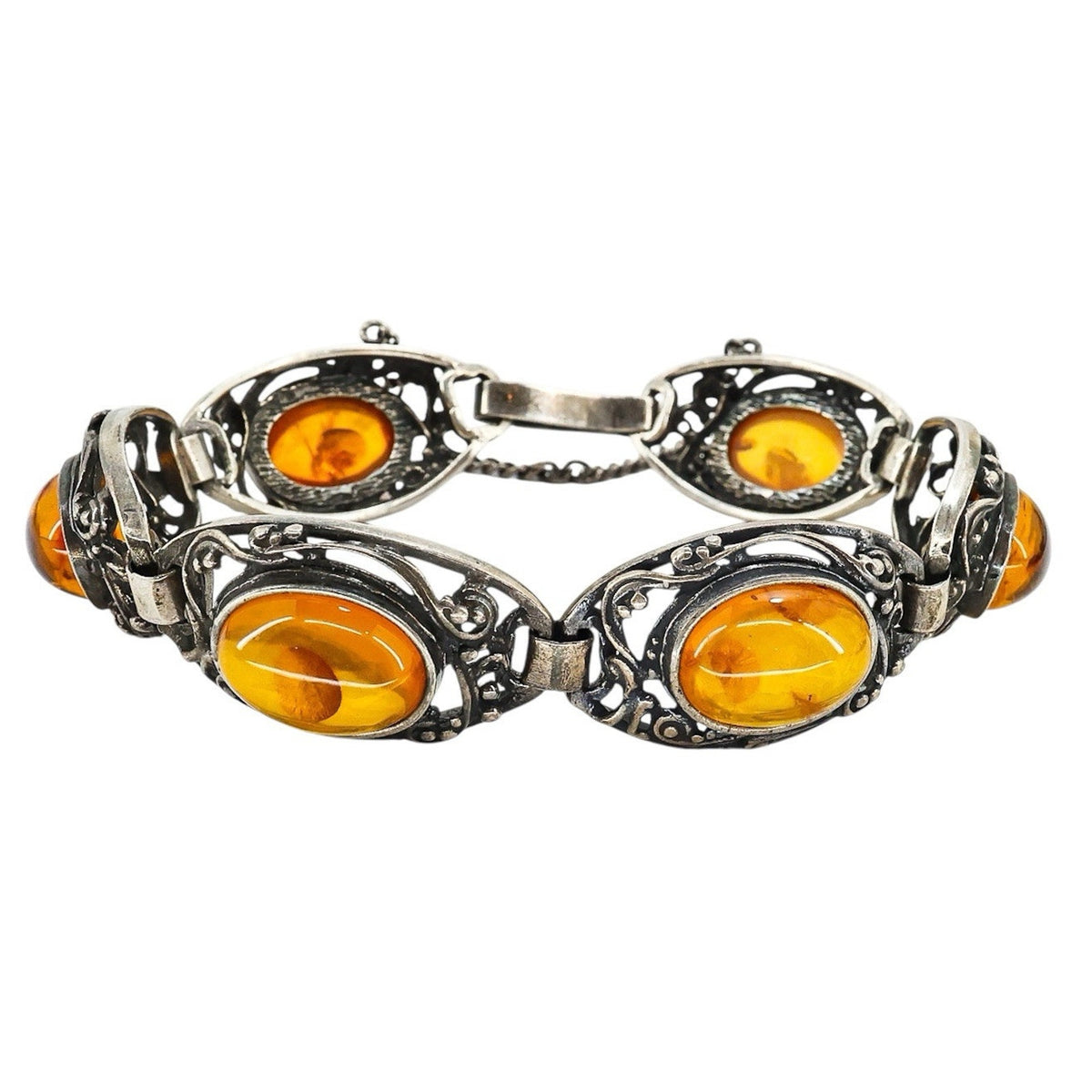 Sterling Silver Filigree Bracelet Baltic Amber Cabs Eastern European 7.5 In Read
