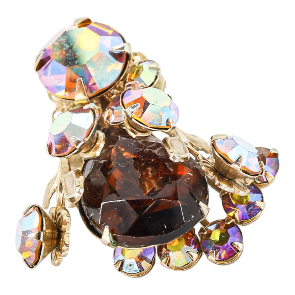 Large Vintage Mid Century Rhinestone Clip On Earrings Faux Topaz AB Filigree
