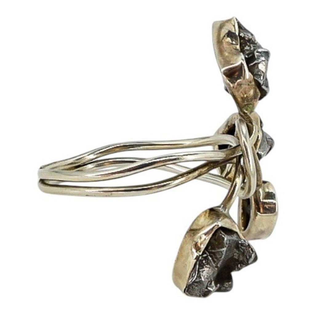 Sterling Artisan Ring Brutalist Organic Modernist Raw Stones Faceted Black Gem