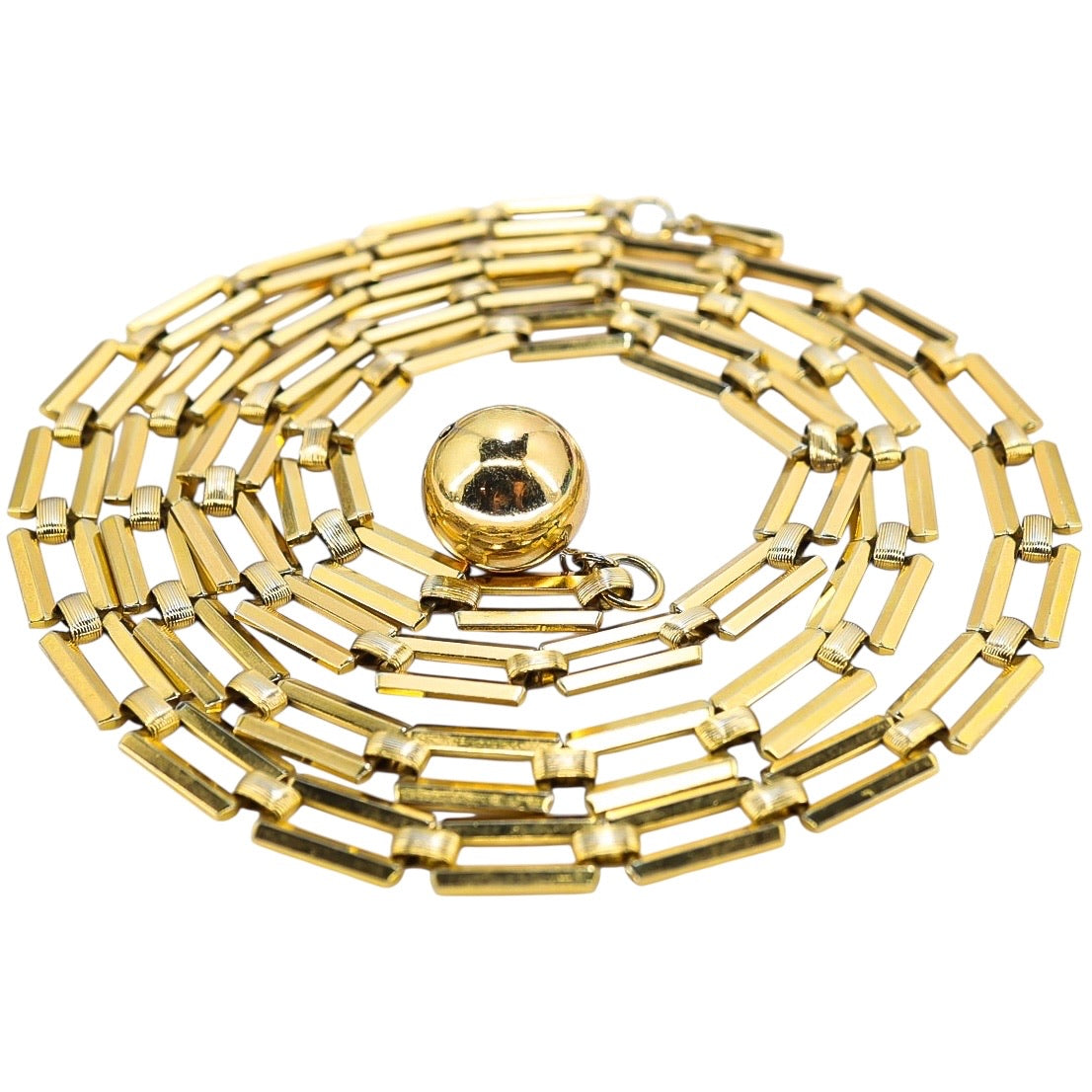 Trifari 1940s Modernist Long Chain Necklace w Orb Charm Pendant 38”