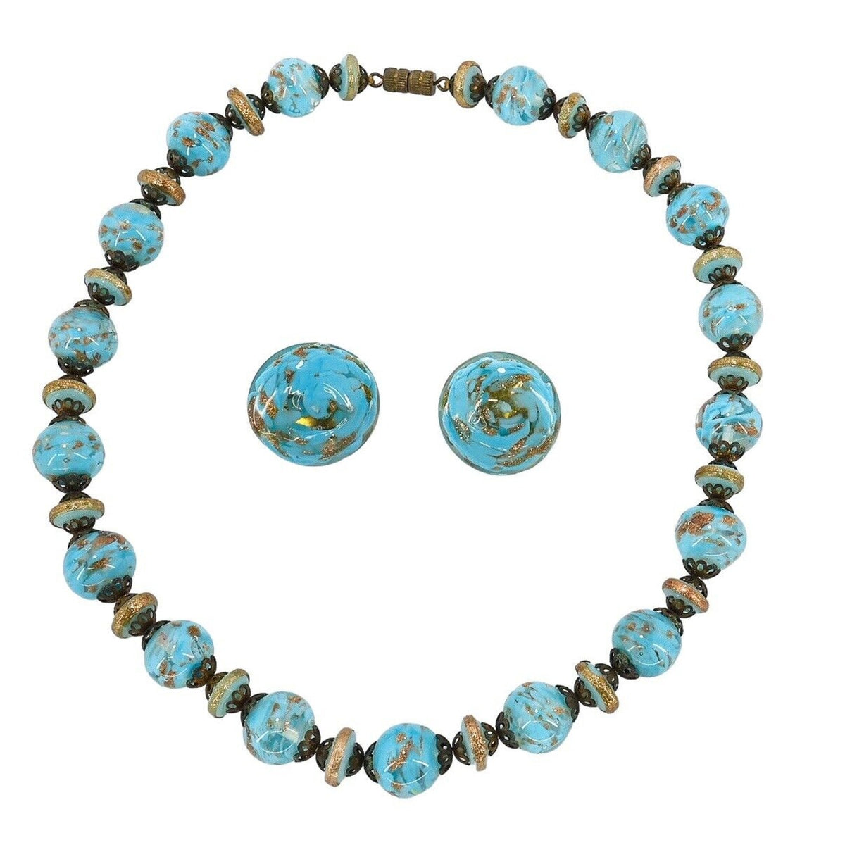 Vintage Murano Glass Jewelry Set Blue Aventurine Sommerso Beads Signed Italy