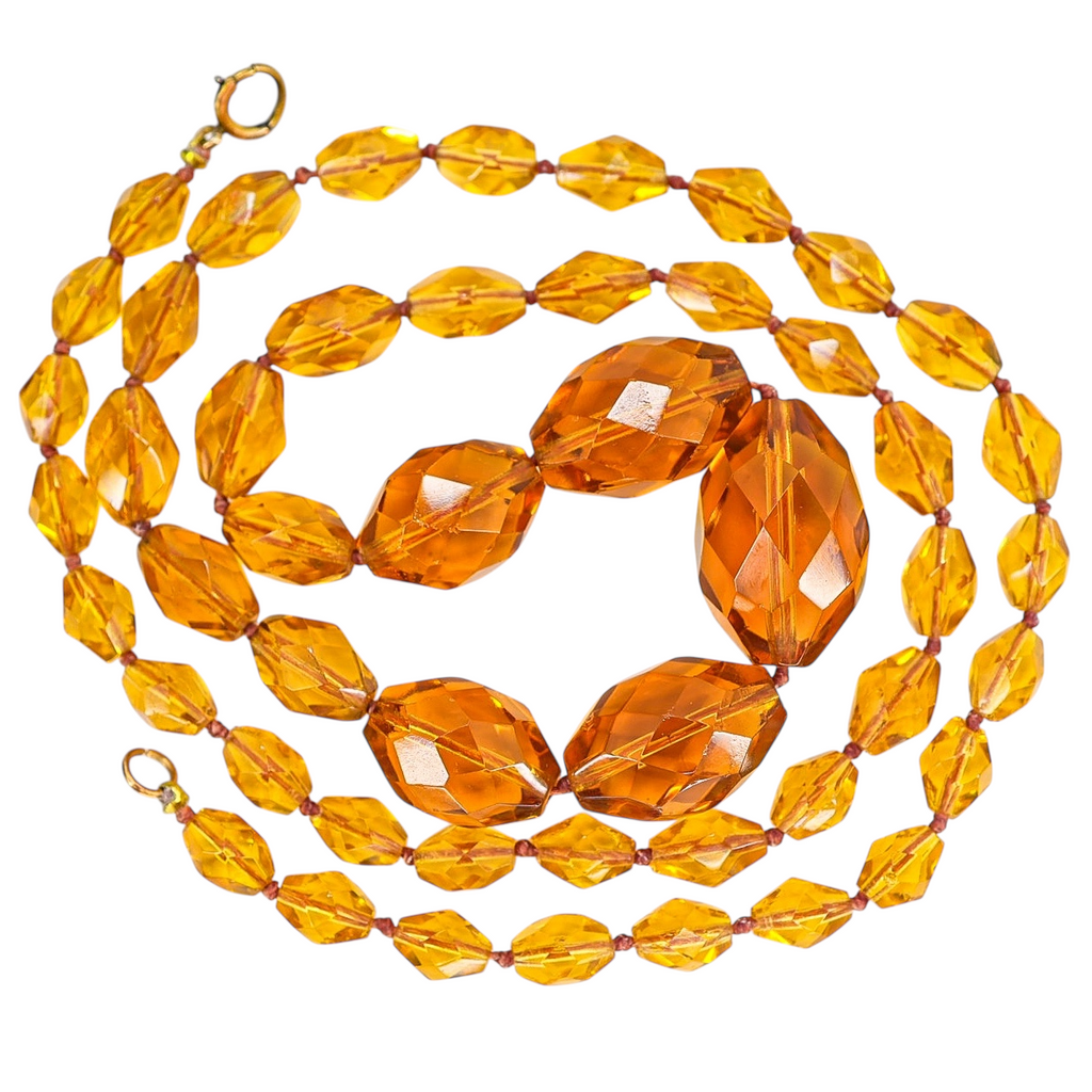 Vintage Faceted Amber Glass Bead Necklace – Hand Knotted Graduated Beads, 1930s Czech Style