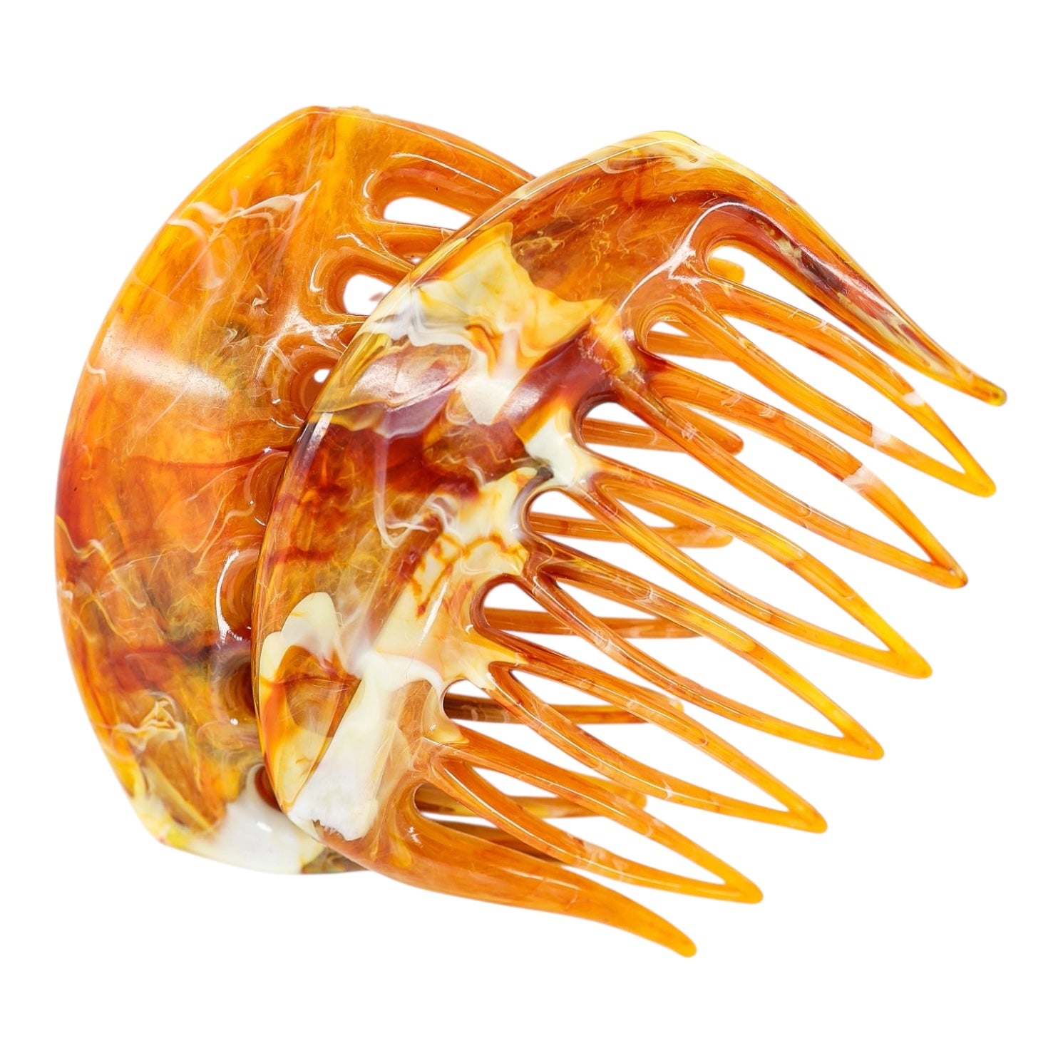 Vintage Made In France Orange Hair Combs Marbled Cellulose Acetate, Set of 2