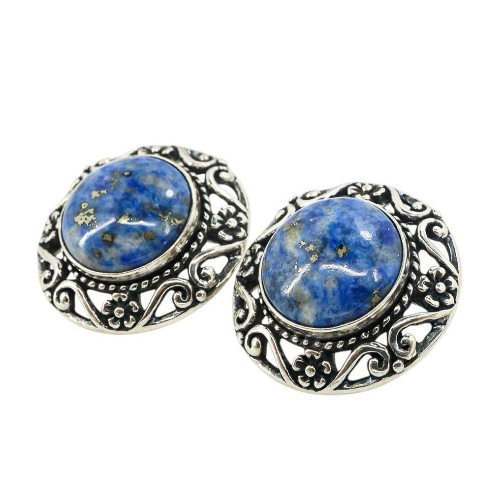 Sterling Silver Scroll Earrings - Sodalite With Pyrite Signed Relios