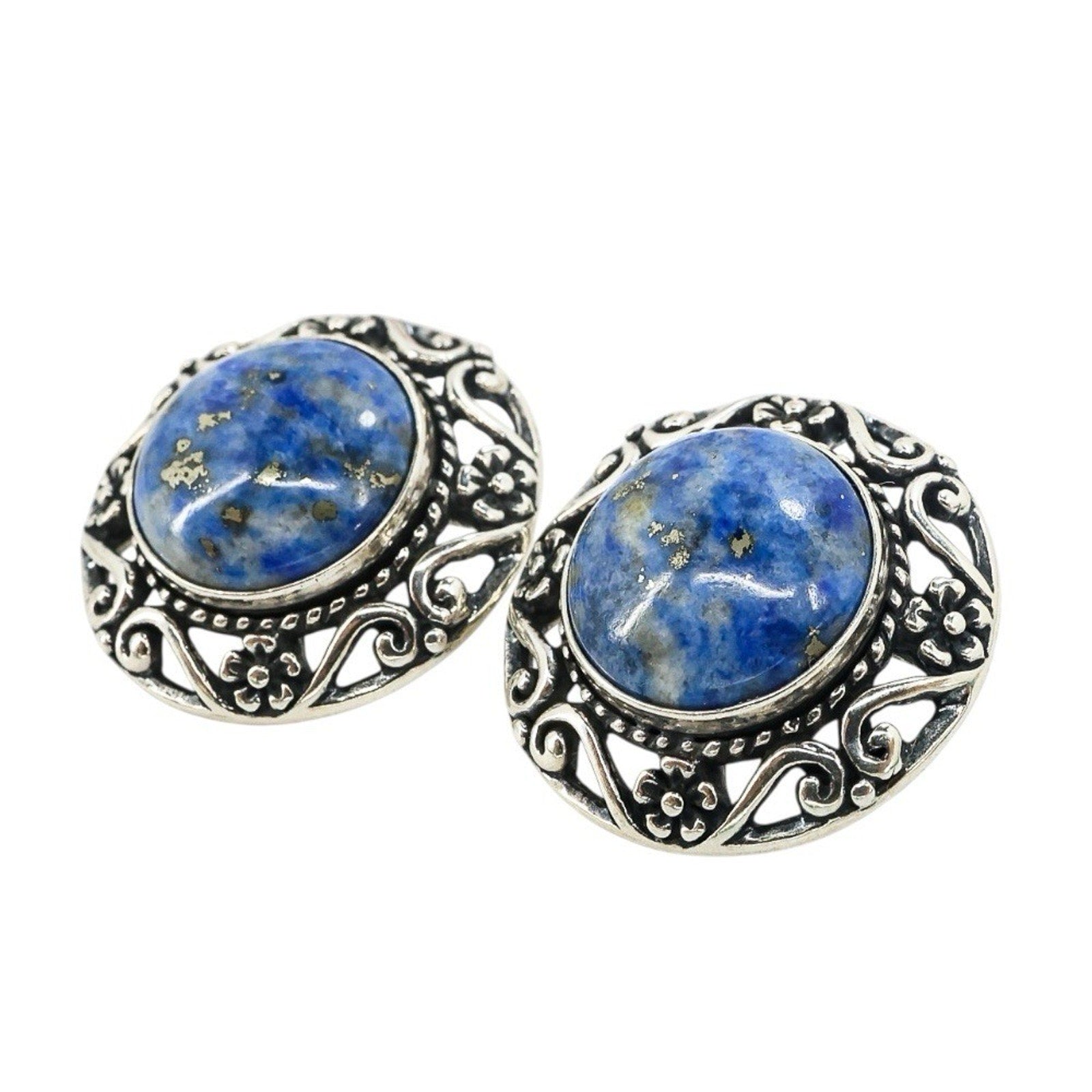 Sterling Silver Scroll Earrings - Sodalite With Pyrite Signed Relios