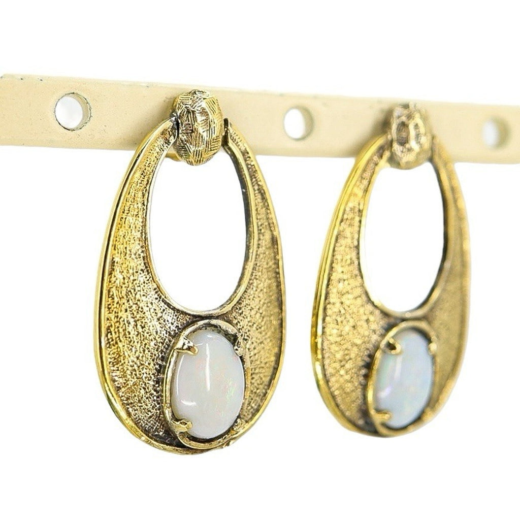 Vintage MCM Wells Sterling Textured Vermeil Australian Opal Earrings Oval Drop