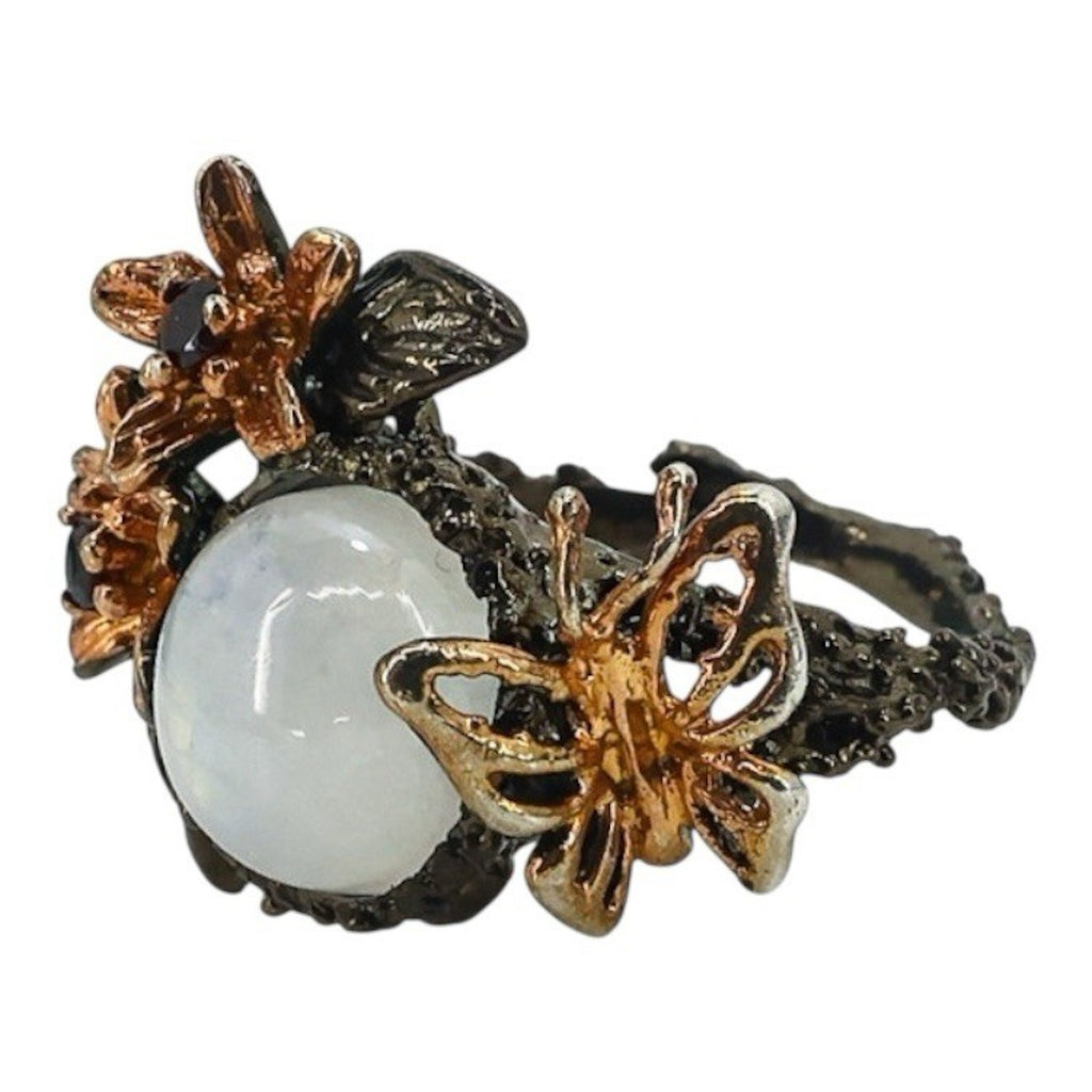Sterling Silver Whimsical Garden Ring W Moonstone Flowers & Butterfly Size 8.5