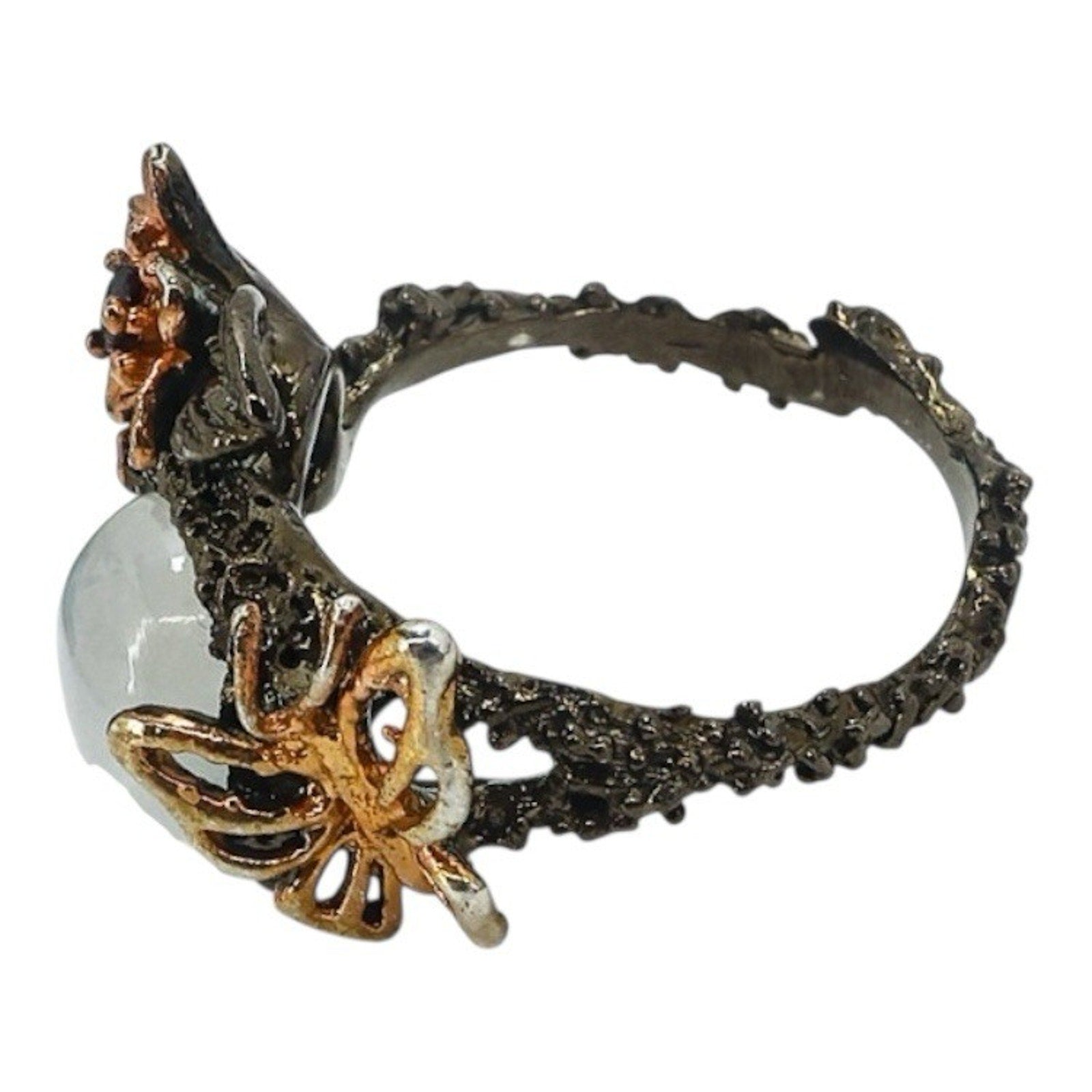 Sterling Silver Whimsical Garden Ring W Moonstone Flowers & Butterfly Size 8.5