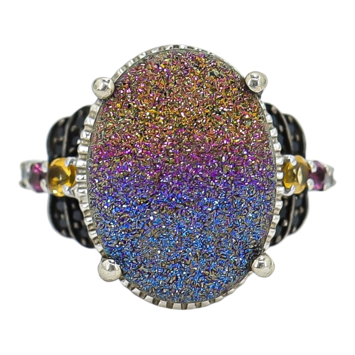 Signed STS Sterling Silver Rainbow Druzy Quartz Statement Ring – Size 7