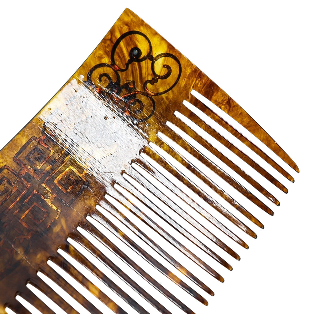 Vintage Art Deco Faux Tortoise Acetate Hair Comb Applied Filigree & Rhinestones