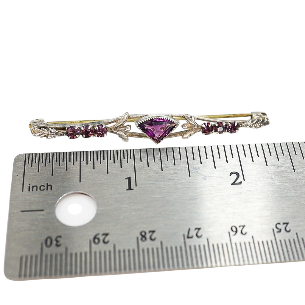 Antique Purple Glass Bar Brooch Fan Cut Leaf Motif Late Victorian Edwardian