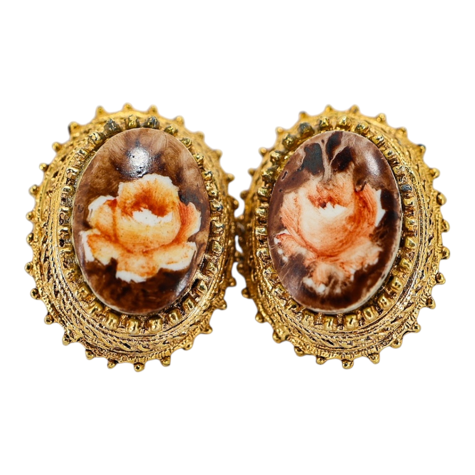 Vintage Florenza Hand-Painted Porcelain Cabochon Earrings, Ornate Gold Tone Filigree Clip-Ons