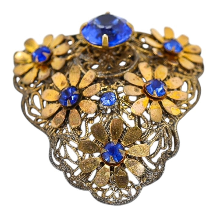 Vintage 1930s Blue Rhinestone Filigree Brass Flora Fur Clip / Dress Clip