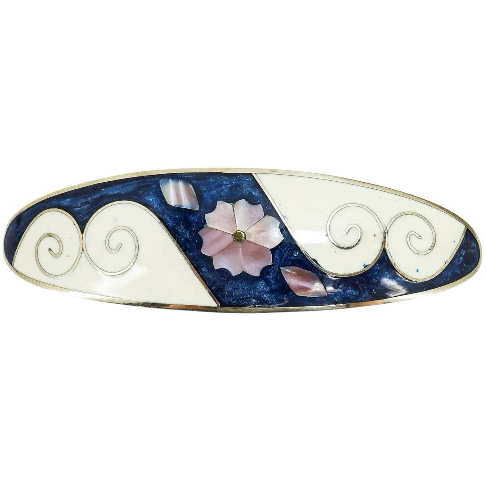 Vintage Handcrafted Inlaid Mother of Pearl & Resin Barrette Floral Hair Clip 4”