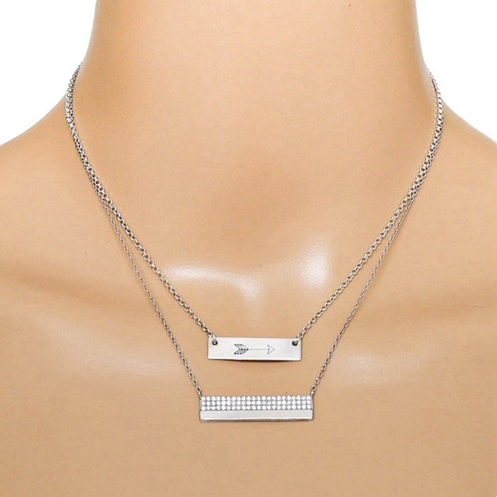 Lot of 2 Layered Necklaces Minimalist Elegant Sterling Silver Bar Pendants