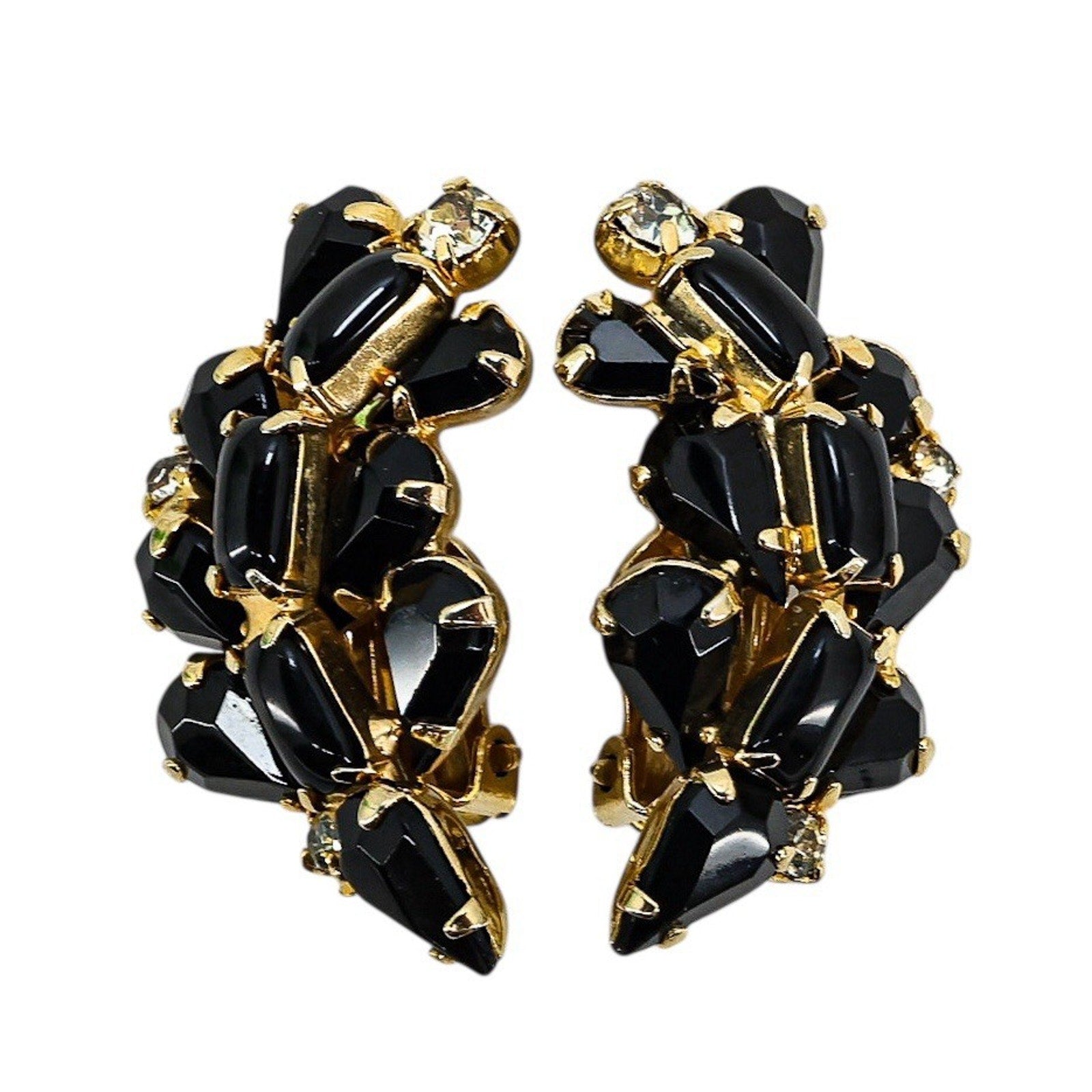 Vintage Mid Century Glam Black Glass Rhinestone Necklace & Clip-On Earrings Set