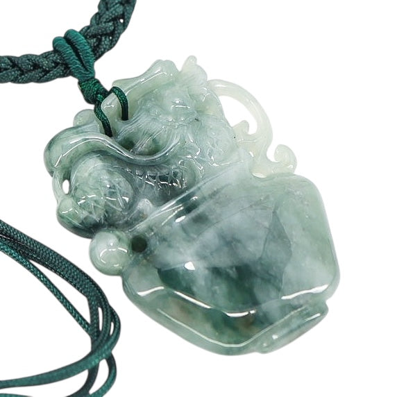 Undyed Jade Jadeite Carved Dragon Vessel Pendant Necklace 1.75 in x 1.3 in 30 G