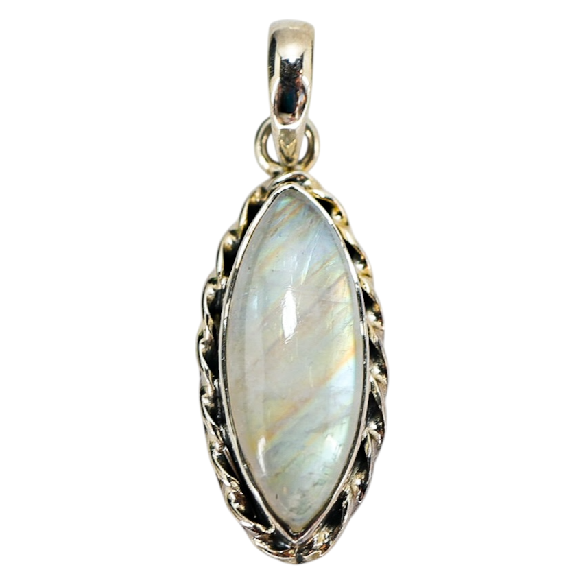 Vintage Rainbow Moonstone Pendant – Sterling Silver SJ925, Marquise Cabochon