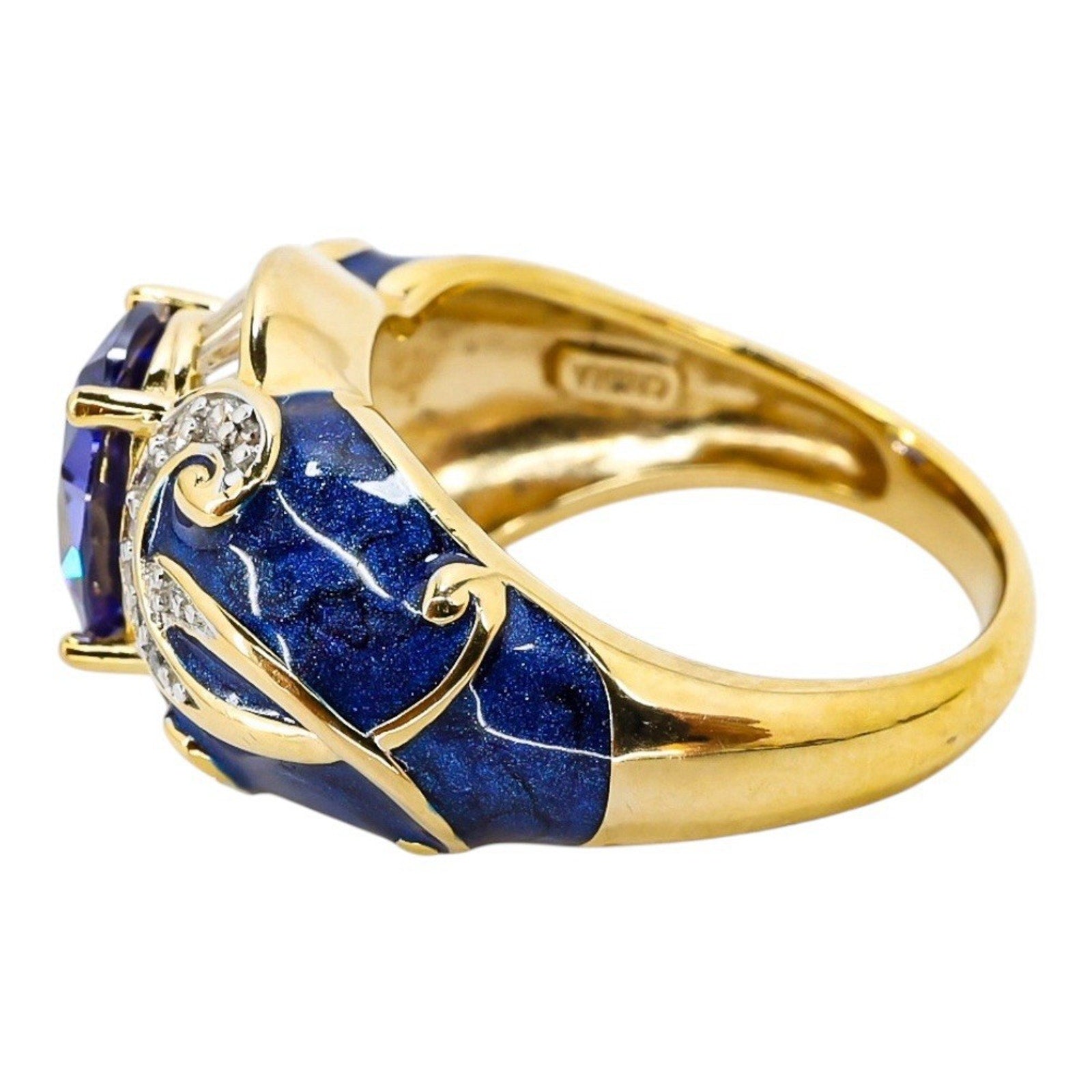 925 Blue Enamel & CZ Crystal Gold Vermeil Sterling Ring Palazzo Style
